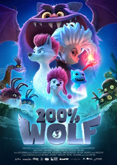 200% Wolf - Movie Poster Description = This movie poster features the title "200% WOLF" prominently in the center. The background is vibrant and colorful, with a mix of blue and purple hues. At the top, there is an illustration of a large, menacing wolf with wings, giving a sense of fantasy and adventure. Below the title, there are several characters, including a white wolf with pink hair, a blue wolf with white hair, and other fantastical creatures. The overall design suggests a blend of comedy and fantasy, likely targeting a family audience. The poster also includes logos and credits at the bottom, indicating the production companies involved.