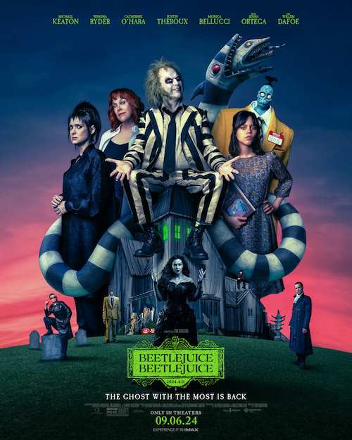 Beetlejuice Beetlejuice (2024) Movie Poster Description = This movie poster is for the film "Beetlejuice Beetlejuice," which is a sequel to the 1988 original film. The poster features a group of characters, including Beetlejuice himself, who is sitting on a tombstone with his legs crossed. The other characters include a woman in a black dress, a man in a suit, and a young girl holding a book. The background shows a cemetery with gravestones and a tombstone with the word "Beetlejuice" written on it. The poster also includes the release date, "09.06.24," indicating that the movie will be released on September 6, 2024. The overall design is colorful and vibrant, with a mix of live-action and animated elements.