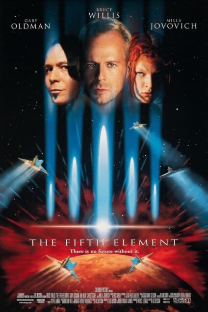 The Fifth Element (1997) - Movie Poster. The movie poster features three characters prominently displayed in the center, with Gary Oldman on the left, Bruce Willis in the middle, and Milla Jovovich on the right. The background is a starry night sky with a bright, glowing light in the center, resembling a rocket or a spaceship. There are four spaceships flying towards the light, with one on the left, one on the right, and two in the middle. The bottom of the poster shows a red planet with two spaceships flying towards it. The title "The Fifth Element" is written in bold white letters at the bottom, with the tagline "There is no future without it." The names of the actors are listed at the top in white text.