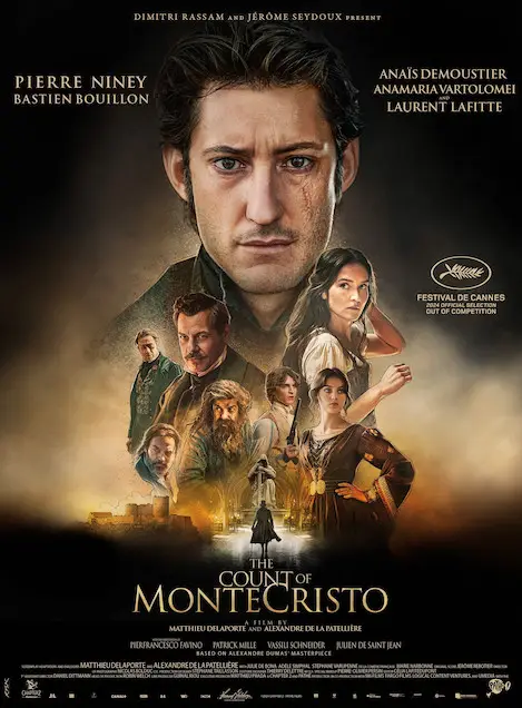 The Count of Monte-Cristo (2024) - Movie Poster. The movie poster features a prominent image of a man with dark hair and a serious expression, taking up a significant portion of the space. Surrounding him are smaller images of various characters, each with distinct appearances and costumes, suggesting different roles and personalities. The background is a blend of dark and warm tones, creating a dramatic and intense atmosphere. The title "The Count of Monte Cristo" is prominently displayed at the bottom, with additional text listing the cast and crew. The poster also includes the Cannes Film Festival logo, indicating the film's recognition and status.