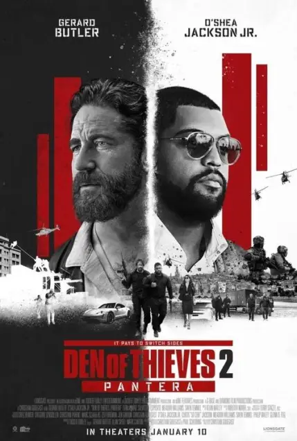 Den of Thieves 2: Pantera (2024) - Movie Poster. The movie poster features two prominent figures, one on the left and one on the right, both with beards and wearing casual attire. The left figure is Gerad Butler, and the right figure is O'Shea Jackson Jr. The background is divided into two halves, with the left side showing a cityscape with buildings and a helicopter, and the right side depicting a group of people walking through a city street. The title "Den of Thieves 2: Pantera" is prominently displayed in the center, with the tagline "It pays to switch sides." The release date is mentioned at the bottom as "In theaters January 10." The overall design suggests a crime thriller with action elements.