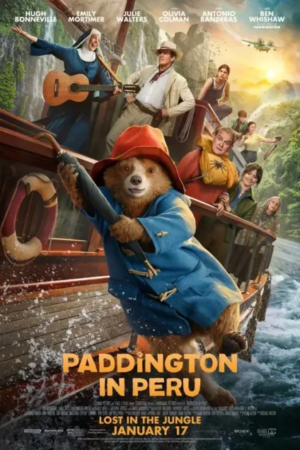 Paddington in Peru (2024) - Movie Poster. The movie poster features a lively scene with a group of characters on a boat navigating through a river. The central figure is Paddington Bear, a beloved bear character, dressed in his iconic blue coat and red hat, holding a large umbrella. Surrounding Paddington are various other characters, each engaged in different activities. A nun in a blue habit is playing a guitar, a man in a white hat is holding a camera, and another character in a yellow jacket is holding a map. The background shows a picturesque landscape with mountains and a sunset, adding to the adventurous feel of the scene. The title "Paddington in Peru" is prominently displayed at the bottom, along with the tagline "Lost in the Jungle" and the release date "January 17." The overall atmosphere is vibrant and adventurous, suggesting a thrilling journey through the jungle.