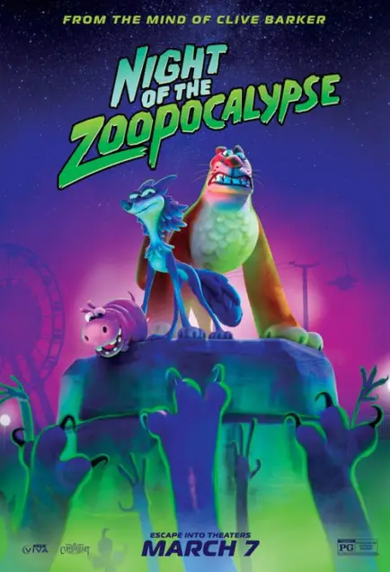 Night of the Zoopocalypse (2024) - Movie Poster. The movie poster for "Night of the Zoopocalypse" features a vibrant and colorful design. At the top, the text "FROM THE MIND OF CLIVE BARKER" is written in a stylized font. The main title, "NIGHT OF THE ZOOPCALYPSE," is prominently displayed in large, bold letters with a green and purple gradient, giving it a dynamic and eye-catching appearance. Below the title, two animated characters are prominently featured: a blue, bird-like creature with a long beak and a large, brown, lion-like creature with a fierce expression. They are standing on a platform, with the lion-like creature appearing to be in a protective stance. In the background, there is a Ferris wheel and a Ferris wheel ride, suggesting an amusement park setting. The bottom of the poster includes the release date, "MARCH 7," and a rating of "PG." The overall color scheme is bright and energetic, with a mix of blues, greens, and purples, creating a sense of excitement and adventure.