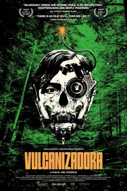 Vulcanizadora (2024) Movie Poster. The movie poster features a striking image of a person's face with a bomb attached to it, set against a green, forest-like background. The face is depicted in a stylized, almost skull-like manner, with the bomb's fuse prominently displayed, suggesting a sense of danger or urgency. The text on the poster includes accolades and the film's title, "Vulcanizadora," along with the director's name, Joel Potrykus. The overall design is bold and intense, with a mix of dark and green tones, creating a visually impactful and somewhat unsettling atmosphere.