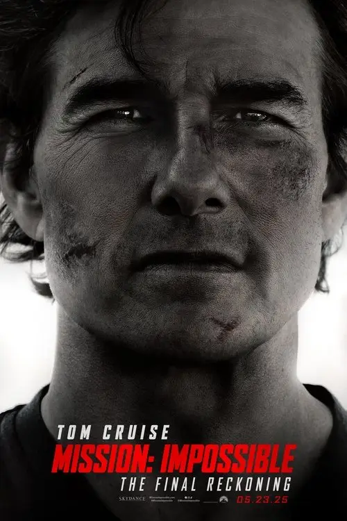 Mission: Impossible - The Final Reckoning (2025) - Movie Poster. The movie poster features a close-up of a man's face, which is slightly blurred and has a serious expression. The man has dark hair and a few visible scars on his face. The background is plain and white, which makes the text stand out prominently. The text on the poster reads "TOM CRUISE" at the top, followed by "MISSION: IMPOSSIBLE" in larger, bold letters. Below that, it says "THE FINAL RECKONING" in a smaller font. The release date "05.23.25" is displayed at the bottom. The overall design is dark and intense, suggesting a thrilling and action-packed movie.
