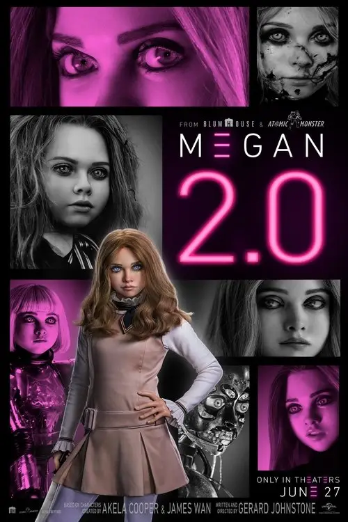 M3GAN 2.0 (2025) - Movie Poster. The movie poster features a collage of images with a prominent pink and black color scheme. At the top, there are close-up images of eyes, one of which is blurred and the other with a dirty appearance. Below these, the title "MEGAN 2.0" is displayed in large, neon pink letters. The central image shows a young woman with long, wavy hair, wearing a school uniform, standing confidently with one hand on her hip. Surrounding this central image are various other images of characters, including a girl in a futuristic suit, a girl with a dirty face, and another girl with a dirty eye. The bottom of the poster includes the release date "JUNE 27" and credits for the production companies, writers, and director. The overall theme suggests a horror or thriller genre.