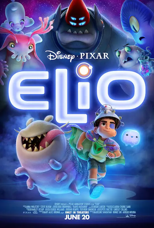 Elio (2025) - Movie Poster. The movie poster features a vibrant and colorful scene with a young boy at the center, wearing a helmet and carrying a backpack. He is surrounded by various fantastical creatures, including a large, friendly-looking creature with a wide grin and a small, glowing creature that resembles a cloud. The background is a mix of purple and blue hues, creating a magical and otherworldly atmosphere. The title "ELIO" is prominently displayed in large, glowing letters, with the Disney and Pixar logos above it. The poster also includes the release date, "JUNE 20," and credits for the cast and crew at the bottom. The overall design suggests a fun, adventurous, and imaginative story.