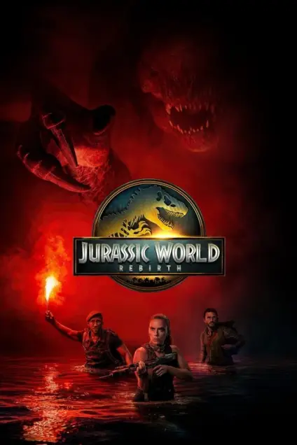 Jurassic World Rebirth (2025) - Movie Poster. The movie poster for "Jurassic World: Rebirth" features a dramatic and intense scene. In the foreground, three characters are wading through water, with one holding a lit flare. The background is dominated by a large, menacing dinosaur with sharp claws and teeth, creating a sense of danger and urgency. The title "Jurassic World: Rebirth" is prominently displayed in the center, with a circular logo featuring a dinosaur silhouette. The poster is set against a dark, smoky backdrop with red and orange hues, adding to the ominous atmosphere. The release date, July 2.