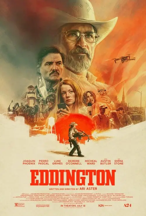 Eddington (2025) - Movie Poster. The movie poster for "Eddington" features a dramatic and colorful scene with a central figure wearing a cowboy hat and glasses, standing prominently in the foreground. Surrounding this figure are various other characters, each depicted in a stylized, almost comic-book-like manner. The background is filled with a mix of action and conflict, with a cityscape and a helicopter flying overhead. The title "Eddington" is prominently displayed at the bottom in bold, red letters. The poster also includes the names of the cast members, such as Joaquin Phoenix, Pedro Pascal, and Luke Grimes, and mentions that the movie is written and directed by Ari Aster. The release date is indicated as July 18.