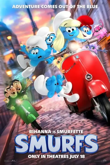 Smurfs (2025) - Movie Poster. The movie poster features a vibrant and dynamic scene with the Smurfs, a group of blue, cartoon-like characters, in the foreground. They are riding a red scooter, with one character wearing a chef's hat, another with a pink bow, and a third with a red hat. The background shows a cityscape with tall buildings and a sunset sky, giving a sense of adventure. The text on the poster reads, "Adventure comes out of the blue," "Rihanna is Smurfette," and "Smurfs: Only in theaters July 18." The overall color scheme is bright and cheerful, with a mix of blues, reds, and greens.