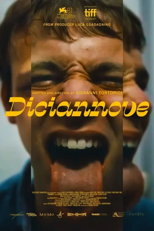 Diciannove (2024) - Movie Poster. The movie poster features a close-up image of a person's face, with a focus on their mouth, which is wide open, revealing a tongue. The background is blurred, drawing attention to the face. The title "Diciannove" is prominently displayed in large, bold yellow letters at the top of the poster. Below the title, there is text indicating the film's production and direction credits, mentioning "From Producer Luca Guadagnino" and "Written and Directed by Giovanni Tortorici." The poster also includes logos for various production companies and festivals, such as TIFF and Venice Film Festival, suggesting the film's recognition and distribution. The overall design is simple yet striking, with a focus on the intense expression of the face.