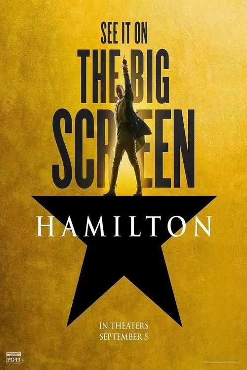 Hamilton (2020) - Movie Poster. The movie poster features a vibrant yellow background with a large black star at the center. On top of the star, a figure is depicted standing with one arm raised, exuding a sense of triumph or celebration. The text on the poster reads "SEE IT ON THE BIG SCREEN" in bold, uppercase letters, followed by "HAMILTON" in a prominent, stylized font. Below "HAMILTON," it states "IN THEATERS SEPTEMBER 5" in smaller text. The overall design is bold and eye-catching, with a strong emphasis on the title and release date.