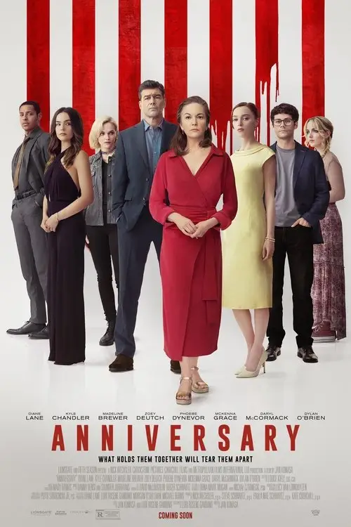 Anniversary (2025) - Movie Poster. The movie poster features a group of eight individuals standing in a line against a background that resembles a flag with red and white stripes. The characters are dressed in formal attire, with a mix of dresses and suits. The central figure is a woman in a striking red dress, flanked by other characters in various outfits. The text at the bottom of the poster reads "ANNIVERSARY" in bold, red letters, followed by the tagline "WHAT HOLDS THEM TOGETHER WILL TEAR THEM APART." Additional text at the bottom provides the names of the actors and the release information, indicating that the movie is coming soon. The overall design suggests a dramatic and possibly suspenseful narrative.