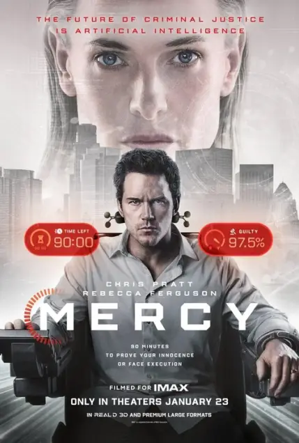 Mercy (2026) - Movie Poster. The movie poster features a futuristic cityscape in the background, with tall buildings and a digital clock displaying "90:00" and a "Guilty" percentage of "97.5%." The title "MERCY" is prominently displayed in large, white letters at the bottom. Above the title, there is a tagline that reads, "The future of criminal justice is artificial intelligence." The poster also includes the names "CHRIS PRATT" and "REBECCA FERGUSON" in bold letters. The movie is described as "90 minutes to prove your innocence or face execution." The film is noted to be "Filmed for IMAX" and is "Only in theaters January 23." The poster also mentions that it is available in "REAL D 3D and Premium Large Formats."