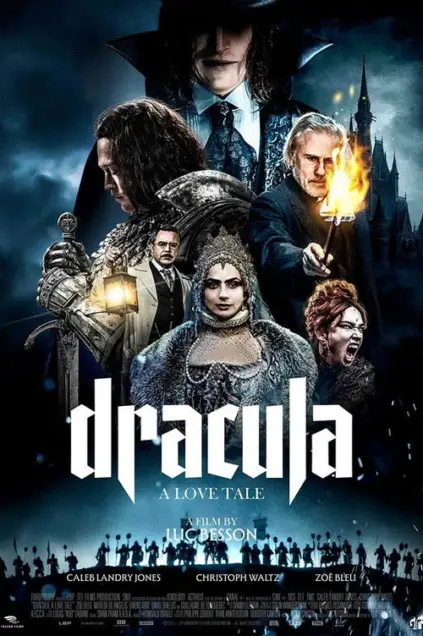 Dracula (2025) - Movie Poster. The movie poster features a dramatic and dark atmosphere, with a castle in the background under a stormy sky. At the center, a woman in a hooded cloak and fur-trimmed robe is prominently displayed, holding a lantern. Surrounding her are several characters, including a man in a suit holding a sword, another man in a suit with a lantern, and a woman with a fiery torch. The title "Dracula" is written in large, bold letters at the bottom, with the subtitle "A Love Tale" beneath it. The poster also includes the names of the actors Caleb Landry Jones, Christoph Waltz, and Zoe Bléau, and the director, Luc Besson. The overall tone of the poster suggests a gothic, historical, and possibly supernatural theme.