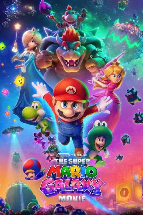 The Super Mario Galaxy Movie (2026) - Movie Poster. The movie poster features a vibrant and colorful space-themed setting with a variety of characters from the "Super Mario" universe. At the center, Mario, wearing his iconic red hat and overalls, stands confidently with his hands raised. Surrounding him are other beloved characters, including Princess Peach in a blue dress, Princess Daisy in a pink dress, and Bowser, a large dinosaur-like creature with a fiery mane. The poster is filled with whimsical elements such as stars, mushrooms, and a flying ship, all set against a backdrop of a starry sky and a distant planet. The text "The Super Mario Galaxy Movie" is prominently displayed at the bottom, indicating the title of the film. The overall design is dynamic capturing the essence of adventure and fantasy.