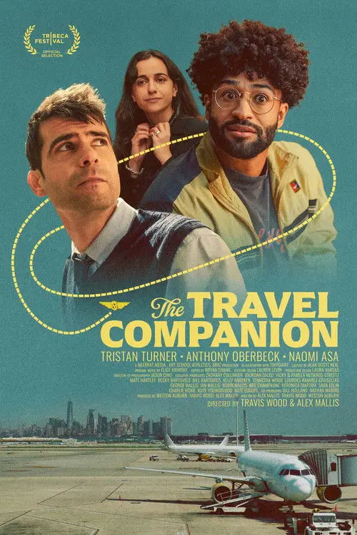 The Travel Companion (2025) - Movie Poster. The movie poster for **The Travel Companion** features a vertical composition divided into two main sections: a teal-textured upper half containing the cast and title, and a lower photograph of a sunlit airport tarmac. At the top, three individuals are layered in a stylized arrangement: a man on the left in a grey sweater vest looks upward with a skeptical expression, a woman in the center adjusts her collar thoughtfully, and a man on the right with a large afro and round glasses smiles warmly at the viewer. A yellow dashed line, mimicking a flight path, loops playfully around the trio and connects to a small winged airplane icon near the film's title, which is written in elegant, yellow cursive and bold sans-serif lettering. In the background of the bottom half, a wide-shot of an airport shows a white commercial airplane docked at a gate, with a distant city skyline—including the One World Trade Center—visible under a clear, bright sky. The overall aesthetic is indie and whimsical, emphasized by the prominent "Tribeca Festival Official Selection" laurel in the top left corner.