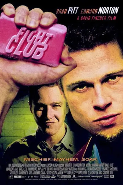 Fight Club (1999) - Movie Poster. The movie poster features two men, one holding a pink bar of soap with the word "FIGHT" prominently displayed on it. The background is a green brick wall, and the title "FIGHT CLUB" is written in large, bold letters at the top. The names "Brad Pitt" and "Edward Norton" are displayed at the top, indicating the lead actors. Below the title, the tagline "Mischief. Mayhem. Soap." is written, hinting at the film's themes. The poster also includes the names of other cast members and crew, along with the production companies involved. The overall design suggests a dark, intense, and possibly satirical tone.