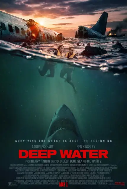 Deep Water (2026) - Movie Poster. This movie poster for the survival thriller "Deep Water" uses a dramatic split-level perspective to show the chaos both above and below the ocean's surface. In the upper third of the image, the wreckage of a large commercial airplane is scattered across choppy waves, with the fuselage on fire and the tail section sinking in the distance against a dim, orange sunset. Several survivors in yellow life vests are seen struggling in the water, including two central figures who look back toward the wreckage with expressions of pure terror. However, the bottom two-thirds of the poster reveals a much more immediate threat: beneath the dark, teal-colored water, a massive great white shark with its mouth slightly agape is swimming vertically upward directly toward the dangling legs of the unsuspecting survivors. The title "DEEP WATER" is written in bold, blood-red capital letters across the middle, accompanied by the chilling tagline: "SURVIVING THE CRASH IS JUST THE BEGINNING."