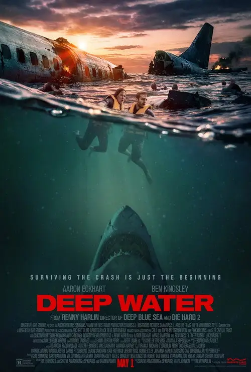 Deep Water (2026) - Movie Poster. This movie poster for the survival thriller "Deep Water" uses a dramatic split-level perspective to show the chaos both above and below the ocean's surface. In the upper third of the image, the wreckage of a large commercial airplane is scattered across choppy waves, with the fuselage on fire and the tail section sinking in the distance against a dim, orange sunset. Several survivors in yellow life vests are seen struggling in the water, including two central figures who look back toward the wreckage with expressions of pure terror. However, the bottom two-thirds of the poster reveals a much more immediate threat: beneath the dark, teal-colored water, a massive great white shark with its mouth slightly agape is swimming vertically upward directly toward the dangling legs of the unsuspecting survivors. The title "DEEP WATER" is written in bold, blood-red capital letters across the middle, accompanied by the chilling tagline: "SURVIVING THE CRASH IS JUST THE BEGINNING."