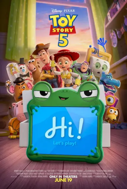 Toy Story 5 (2026) - Movie Poster. The movie poster for "Toy Story 5" features a vibrant and colorful scene with a group of animated toys and characters. The main characters, including Woody, Buzz Lightyear, and Bo Peep, are prominently displayed, along with other familiar friends like Slinky Dog, Hamm, and Rex. The toys are gathered around a green frog-shaped toy with a blue screen that says "Hi! Let's play!" in white letters. The background shows a window with a sunset, and the room is filled with various toys and decorations. The poster also includes the Disney and Pixar logos at the top and the release date, "June 19," at the bottom.