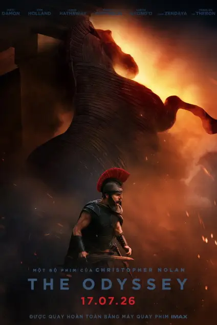 The Odyssey (2026) - Movie Poster. The movie poster features a dramatic and intense scene with a large, dark horse emerging from the ground, surrounded by smoke and flames. The horse appears to be emerging from a structure, possibly a temple or a monument. In the foreground, a muscular warrior in a red helmet and armor is standing confidently, holding a sword. The background is filled with orange and red hues, creating a sense of urgency and danger. The text on the poster includes the names of the actors, the director, and the release date, which is July 17, 2026. The overall atmosphere is one of epic adventure and conflict.