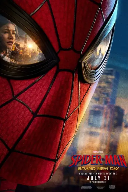 Spider-Man: Brand New Day (2026) - Movie Poster. The movie poster features a close-up of Spider-Man's mask, which is predominantly red with black accents and a textured appearance. The mask has two large, circular lenses that reflect a cityscape, suggesting a urban setting. Inside one of the lenses, a woman's face is visible, adding a personal touch to the image. The background is a blurred cityscape, enhancing the urban feel. At the bottom of the poster, the title "Spider-Man: Brand New Day" is prominently displayed in bold, red and blue letters. The release date, "July 31," is mentioned, indicating when the movie will be available in theaters. The overall design conveys a sense of action and adventure, typical of Spider-Man movies.