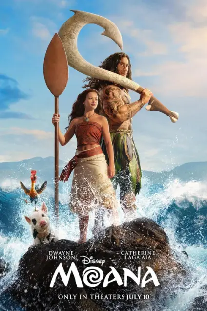 Moana (2026) - Movie Poster. The movie poster features a vibrant and dynamic scene set against a backdrop of a clear blue sky and distant mountains. At the center, a young girl with long, flowing hair stands confidently, holding a large, wooden staff. Beside her, a muscular man with long hair and tattoos is holding a massive, curved weapon. They are both standing on a rocky outcrop, with waves crashing around them, suggesting a coastal or island setting. A rooster and a pig, both with expressive eyes, are also present, adding to the lively atmosphere. The title "Moana" is prominently displayed at the bottom in bold, white letters, with the tagline "Only in Theaters July 10" beneath it. The overall composition conveys a sense of adventure and exploration.