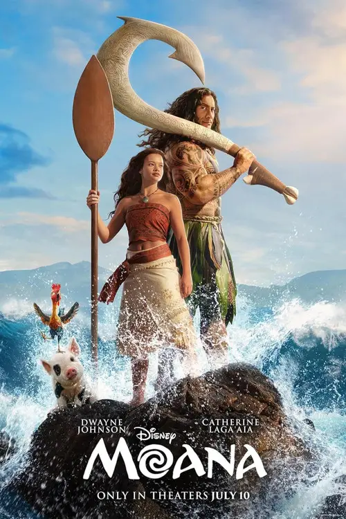 Moana (2026) - Movie Poster. The movie poster features a vibrant and dynamic scene set against a backdrop of a clear blue sky and distant mountains. At the center, a young girl with long, flowing hair stands confidently, holding a large, wooden staff. Beside her, a muscular man with long hair and tattoos is holding a massive, curved weapon. They are both standing on a rocky outcrop, with waves crashing around them, suggesting a coastal or island setting. A rooster and a pig, both with expressive eyes, are also present, adding to the lively atmosphere. The title "Moana" is prominently displayed at the bottom in bold, white letters, with the tagline "Only in Theaters July 10" beneath it. The overall composition conveys a sense of adventure and exploration.